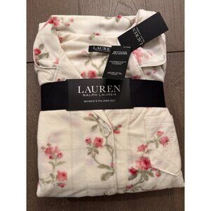 NWT RALPH LAUREN PINK CREAM Rose Bud FLORAL FLEECE Womens PAJAMAS 2PC SET XL